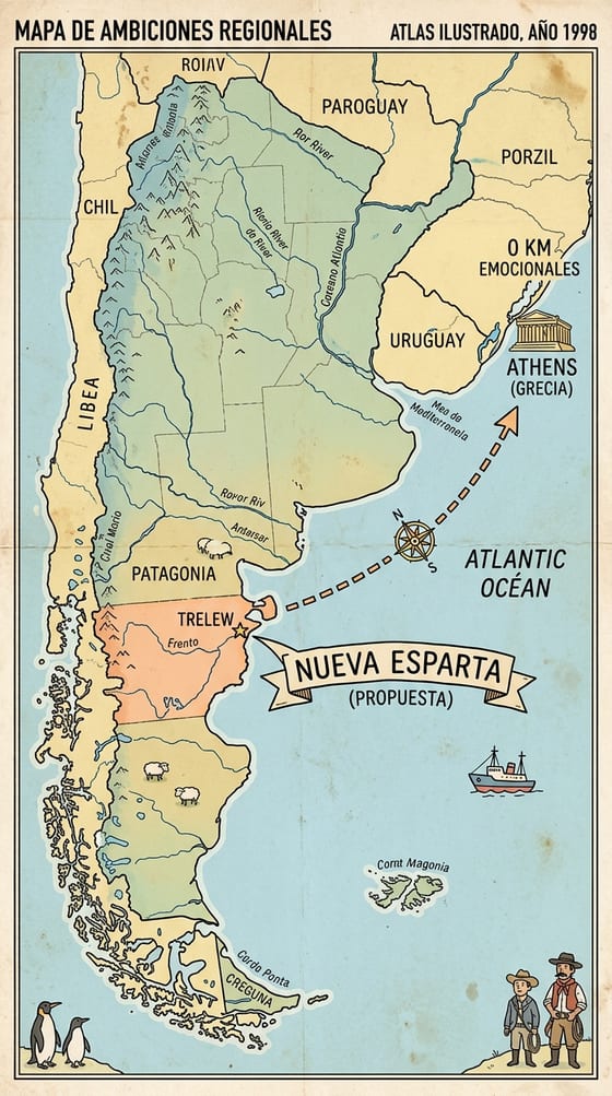 Mapa de Trelew como Nueva Esparta con flecha a Atenas